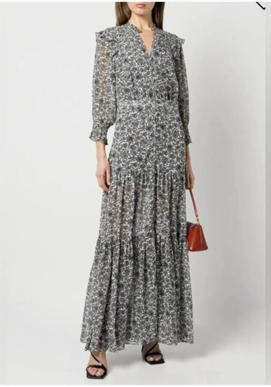 VERONICA BEARD Sz 12 Nitza Dress Blue Gold Floral Silk Maxi V-Neck